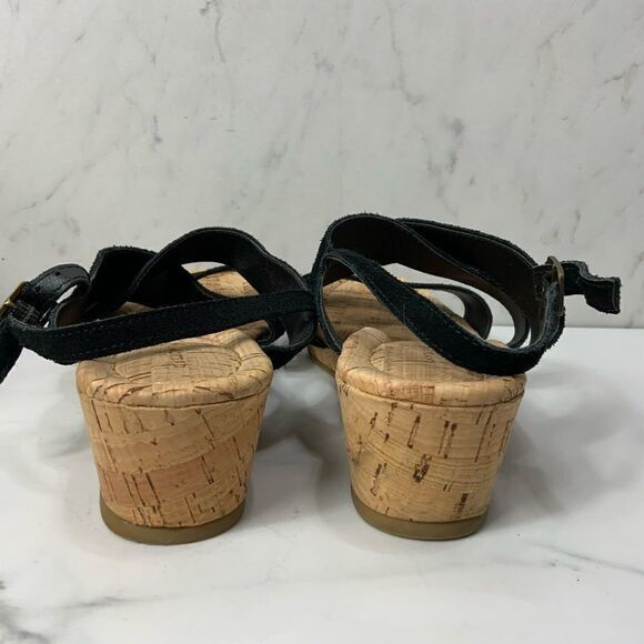 LANDS’ END cork wedge heel black suede sandals - Picture 4 of 6